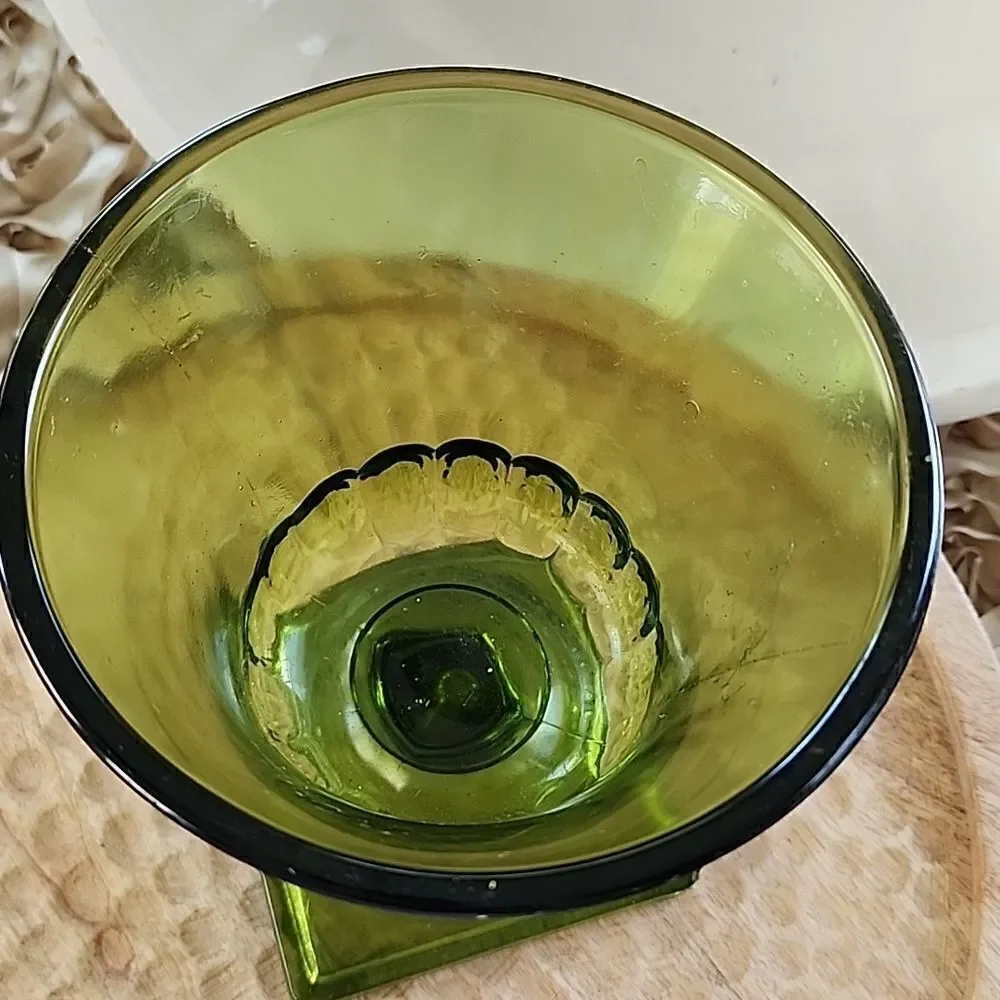 Vintage Avocado Green Pressed Glass Pedestal Vase